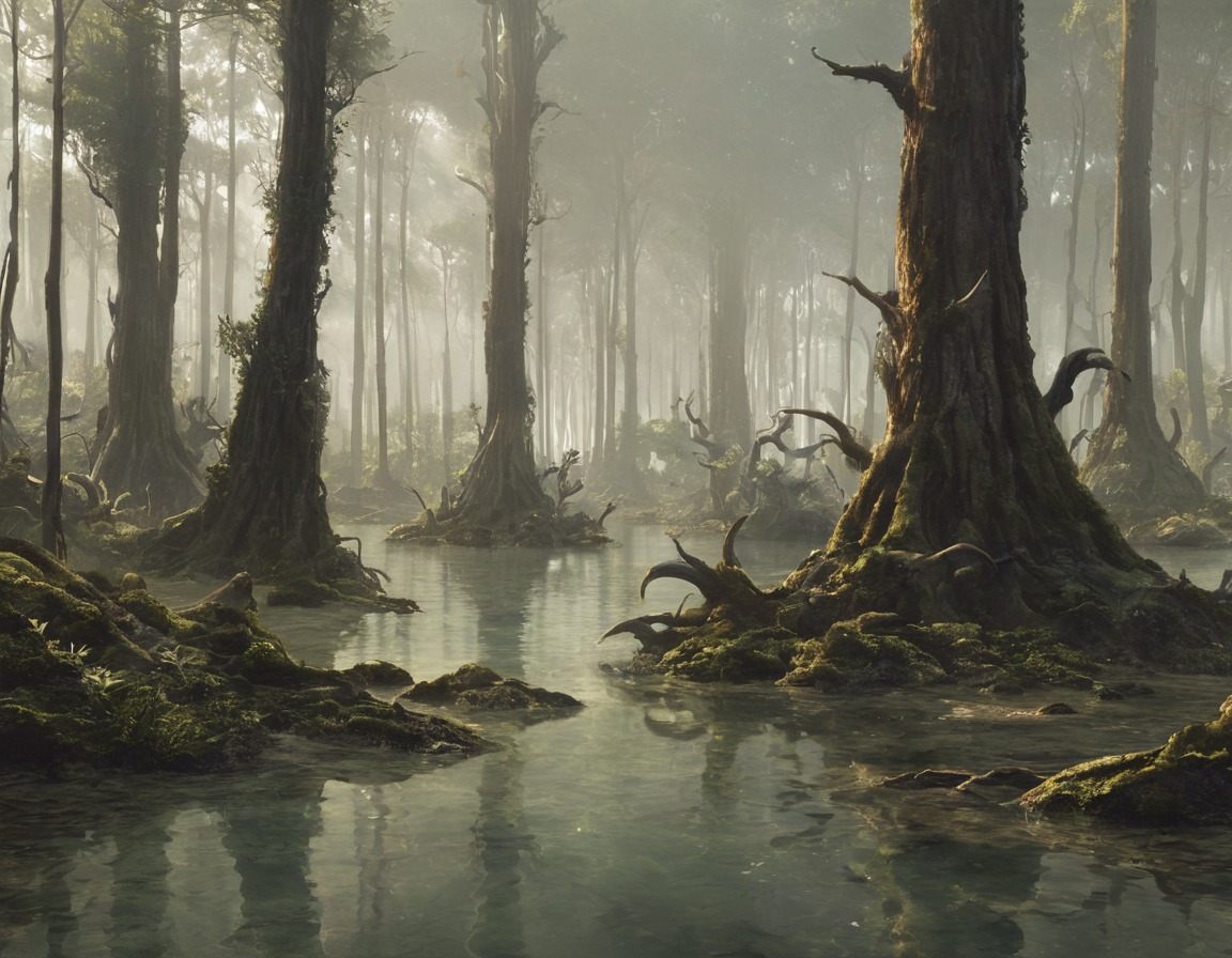 forest, fog, dreamup, digitalart, horror, deadtrees, swamp, dailychallenge, ai_art