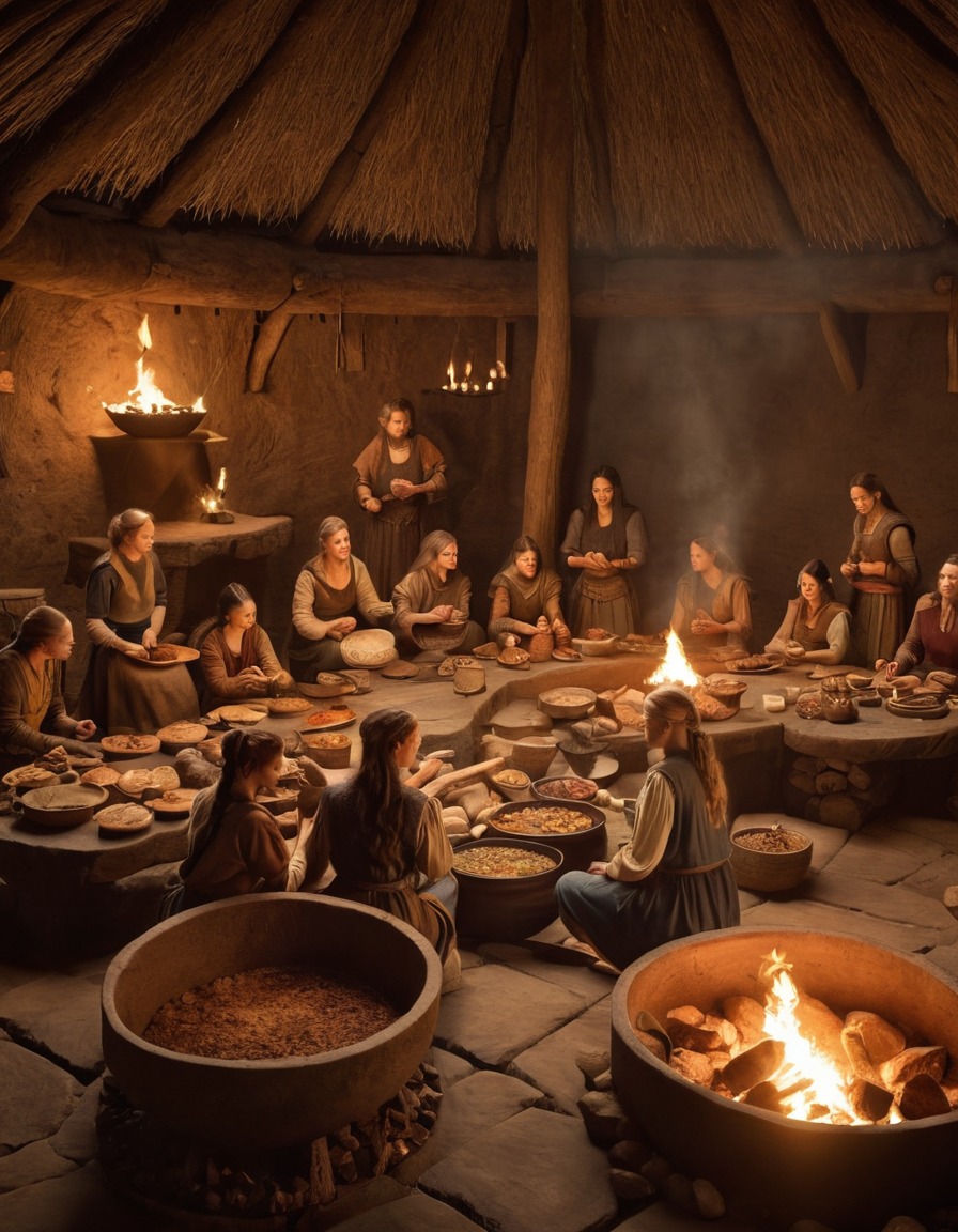 ancient women, communal meal preparation, large hearth, viking longhouse, 9th century, cultural practices, historical domestic life