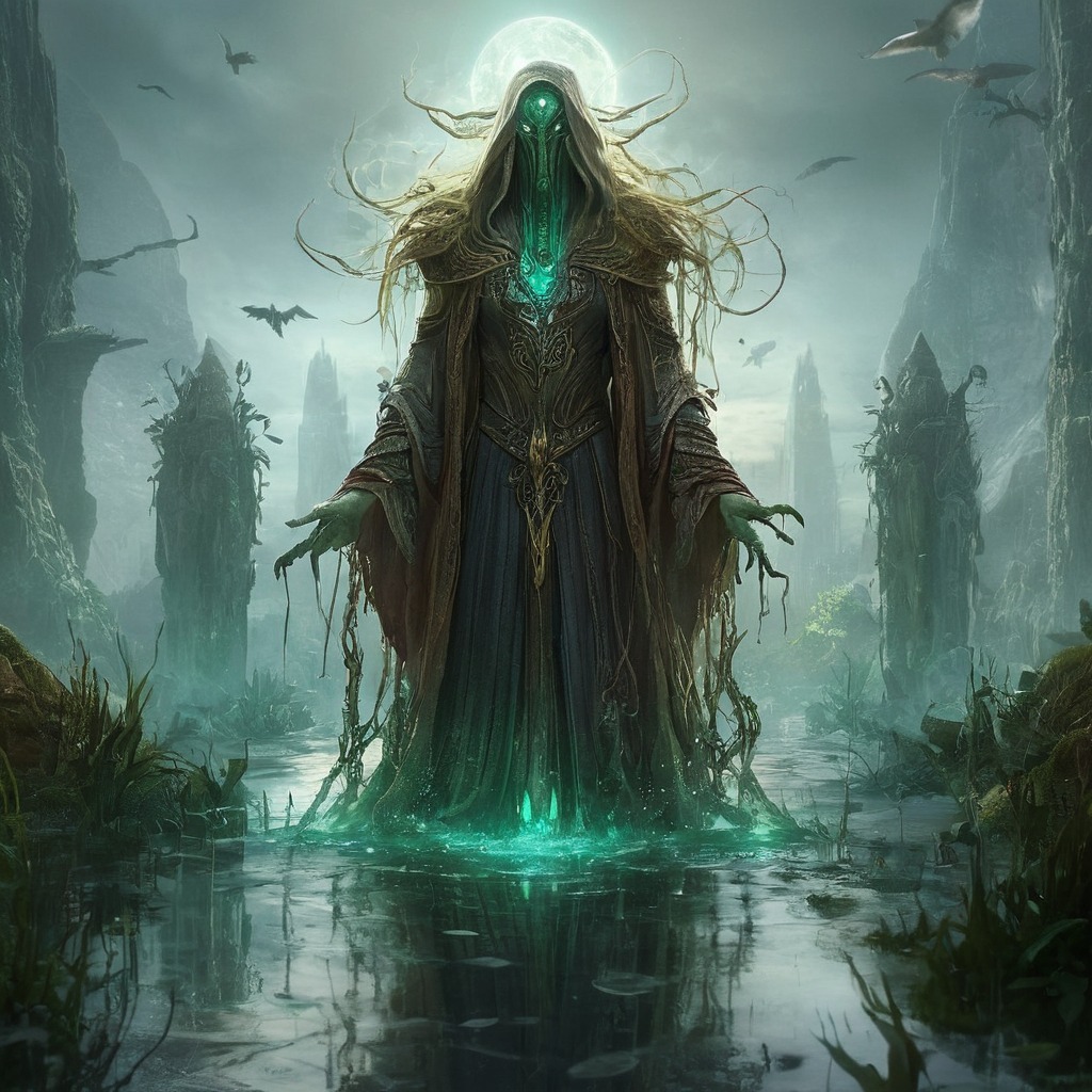 digitalart, character, creature, dalle3, dnd, ethereal, fantasy, friendly, glowingeyes, greenskin, horrorart, horrorfantasy, mystical, nature, robes, rpg, swamp, tall, aiart