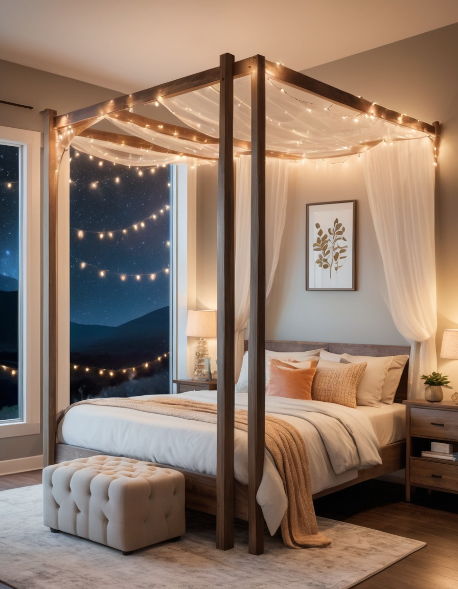 home decor, bedroom, canopy bed, string lights, home, interior