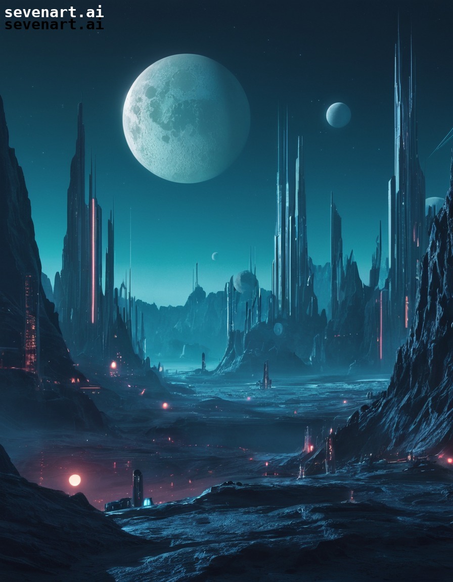 futuristic, cityscape, alien planet, moons, sci-fi, space, stars