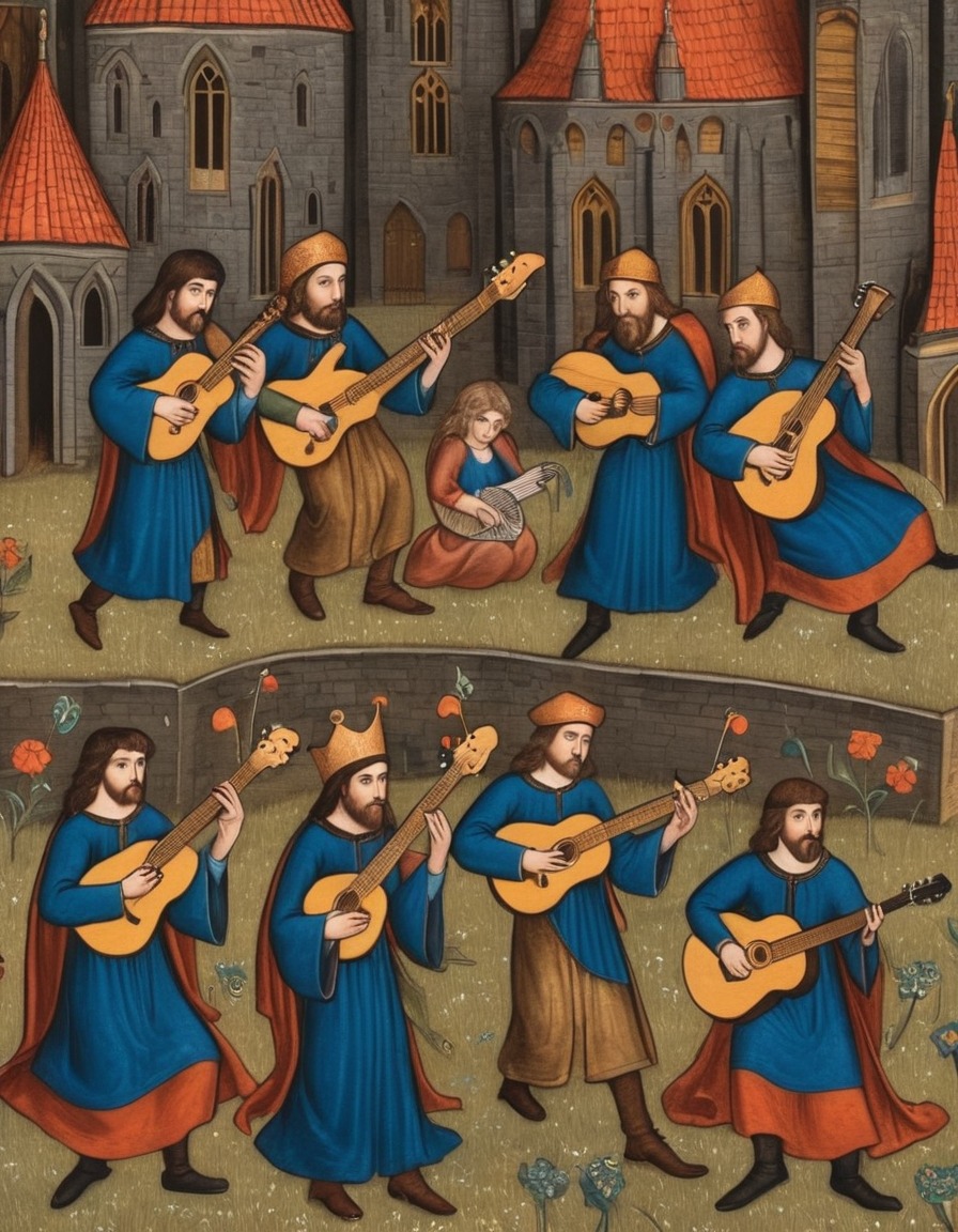 music, medieval, illuminated manuscript, musicians, electric guitars, synthesizers, art