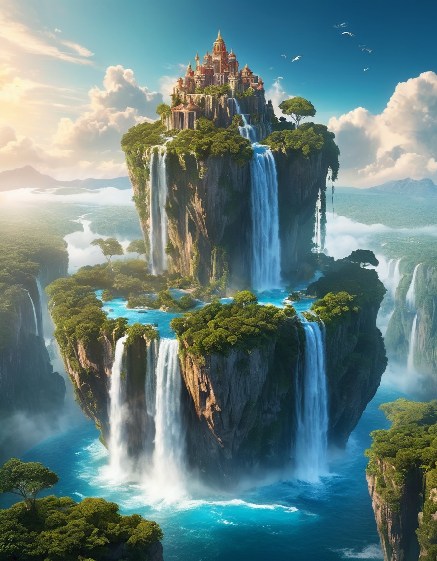 floating island, sky, waterfalls, fantasy, scenic view, natural beauty