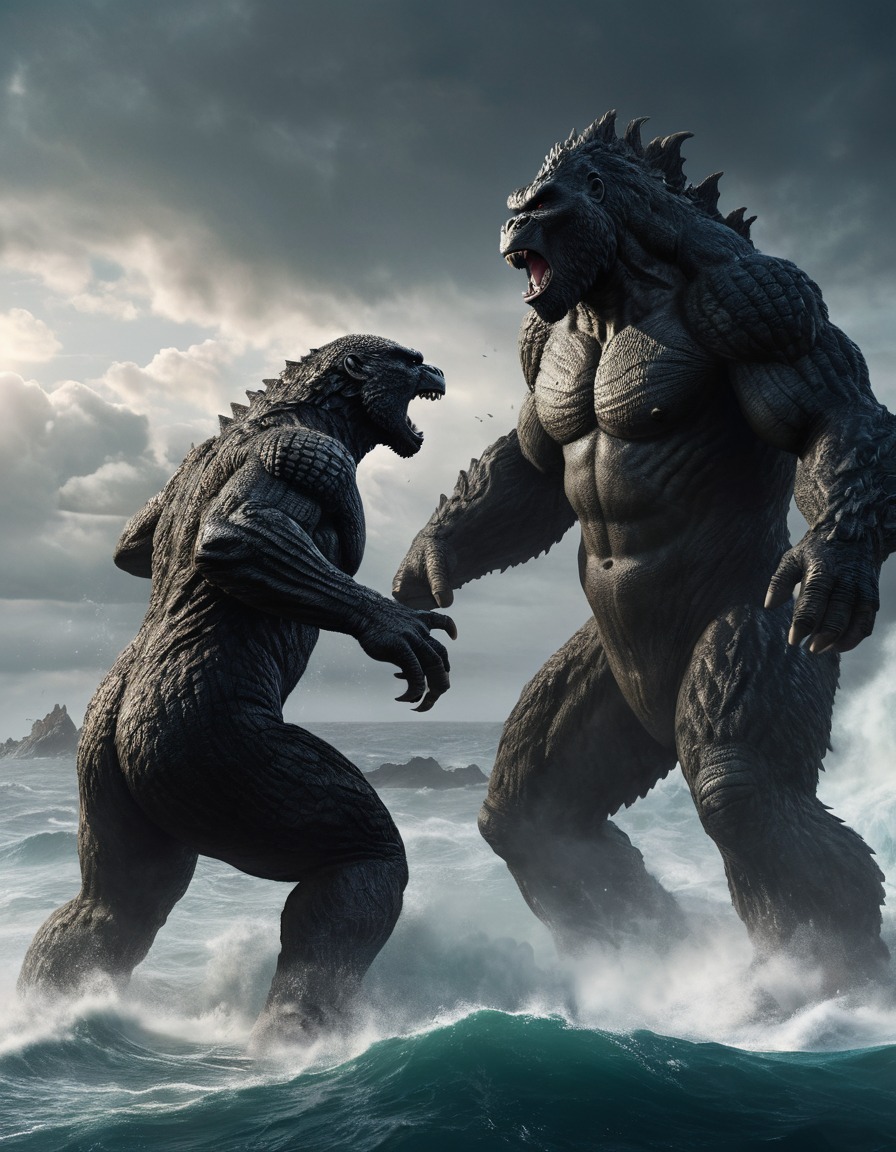 godzilla, king kong, monsters, ocean, showdown, stormy weather, kong