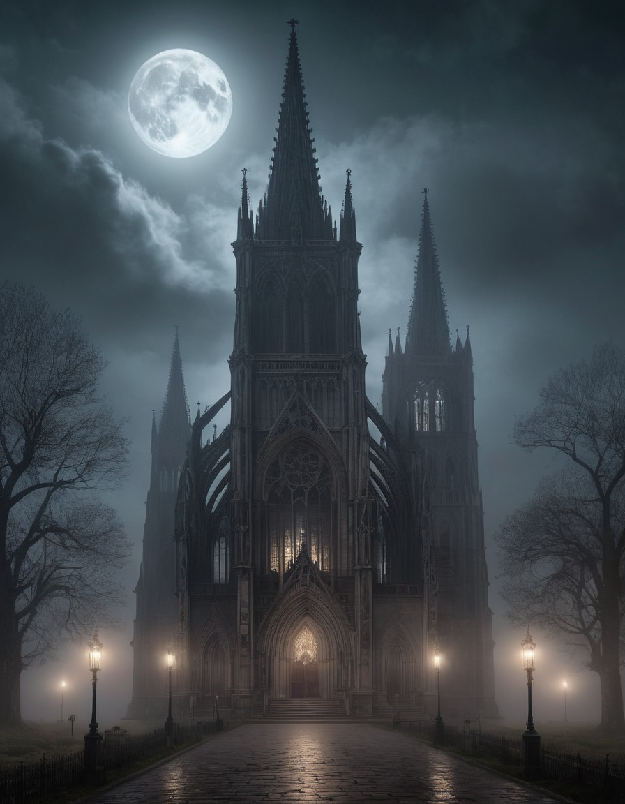 gothic, cathedral, moonlit, foggy, spooky, architecture