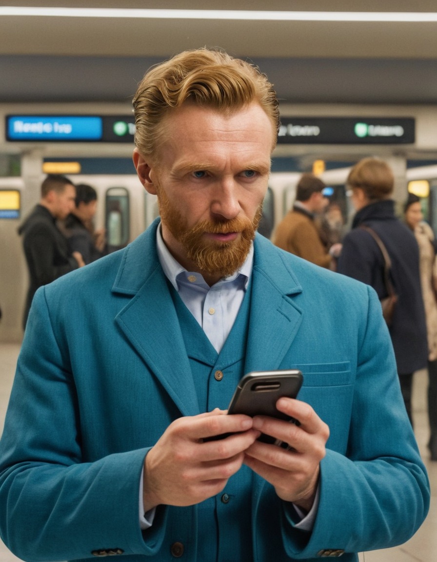 vincent van gogh, phone, metro station, busy, modern life