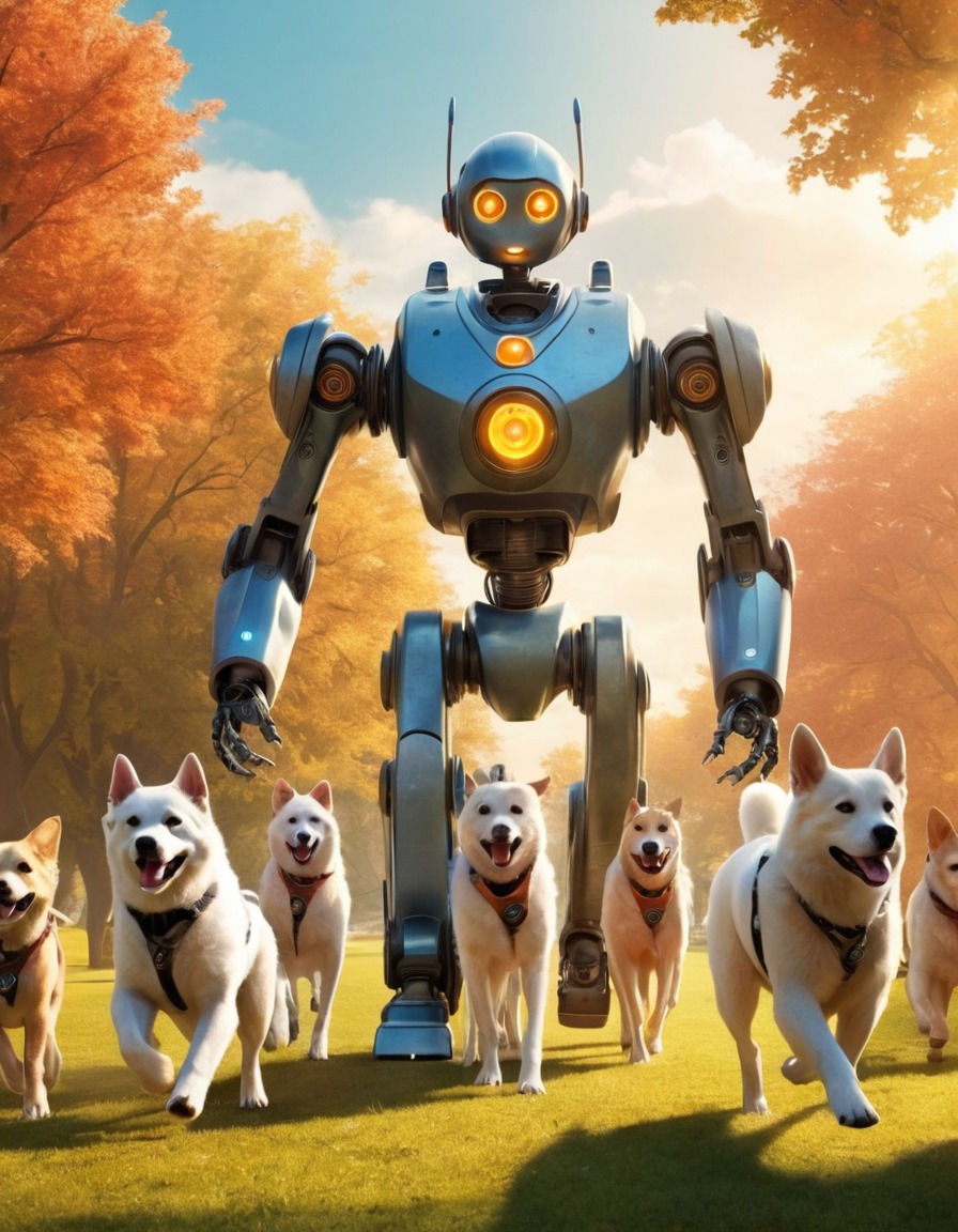 robot, dogs, park, artificial intelligence, unusual sight, technology, innovation