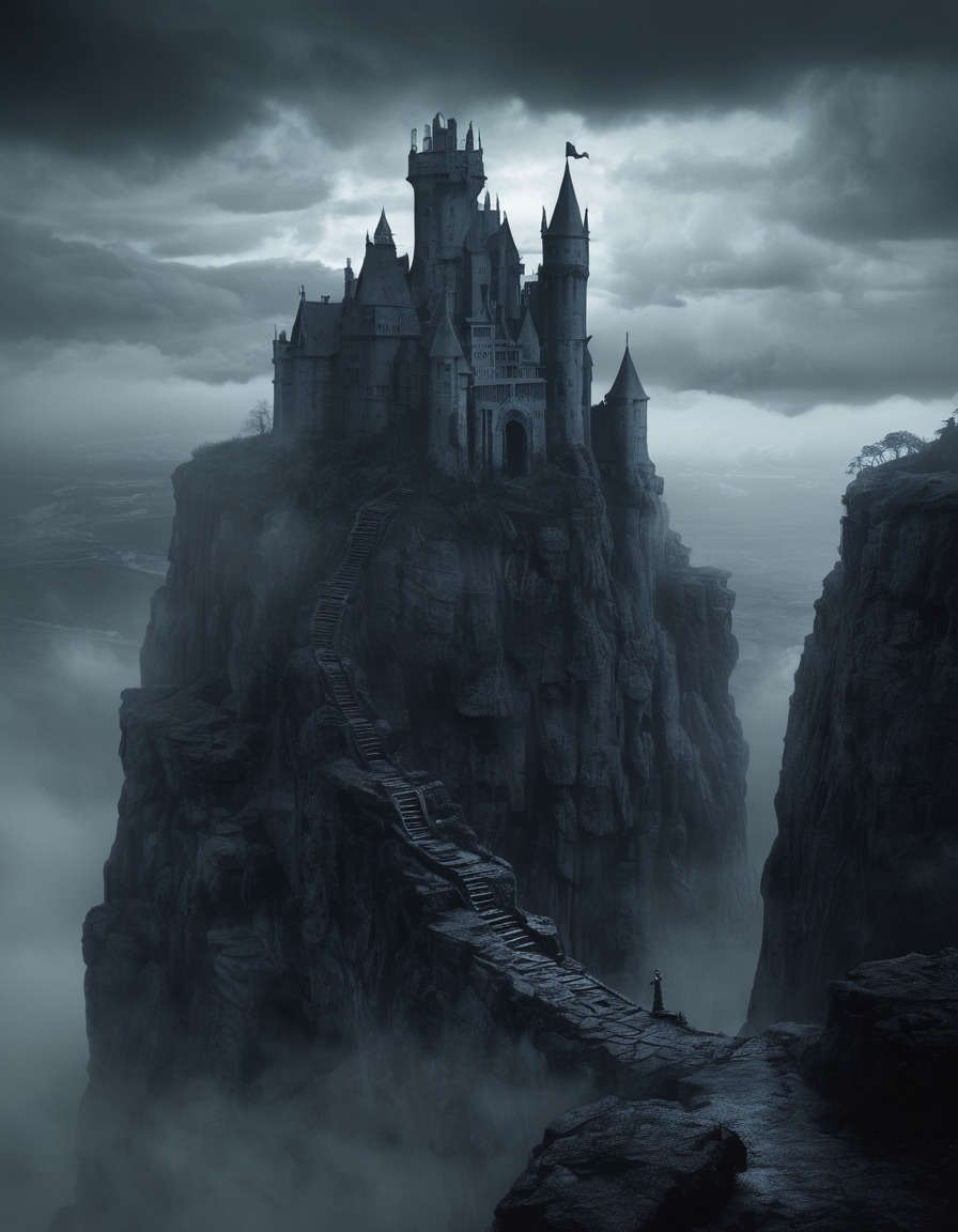 castle, cliff, mist, mystery, gothic, underground, dark