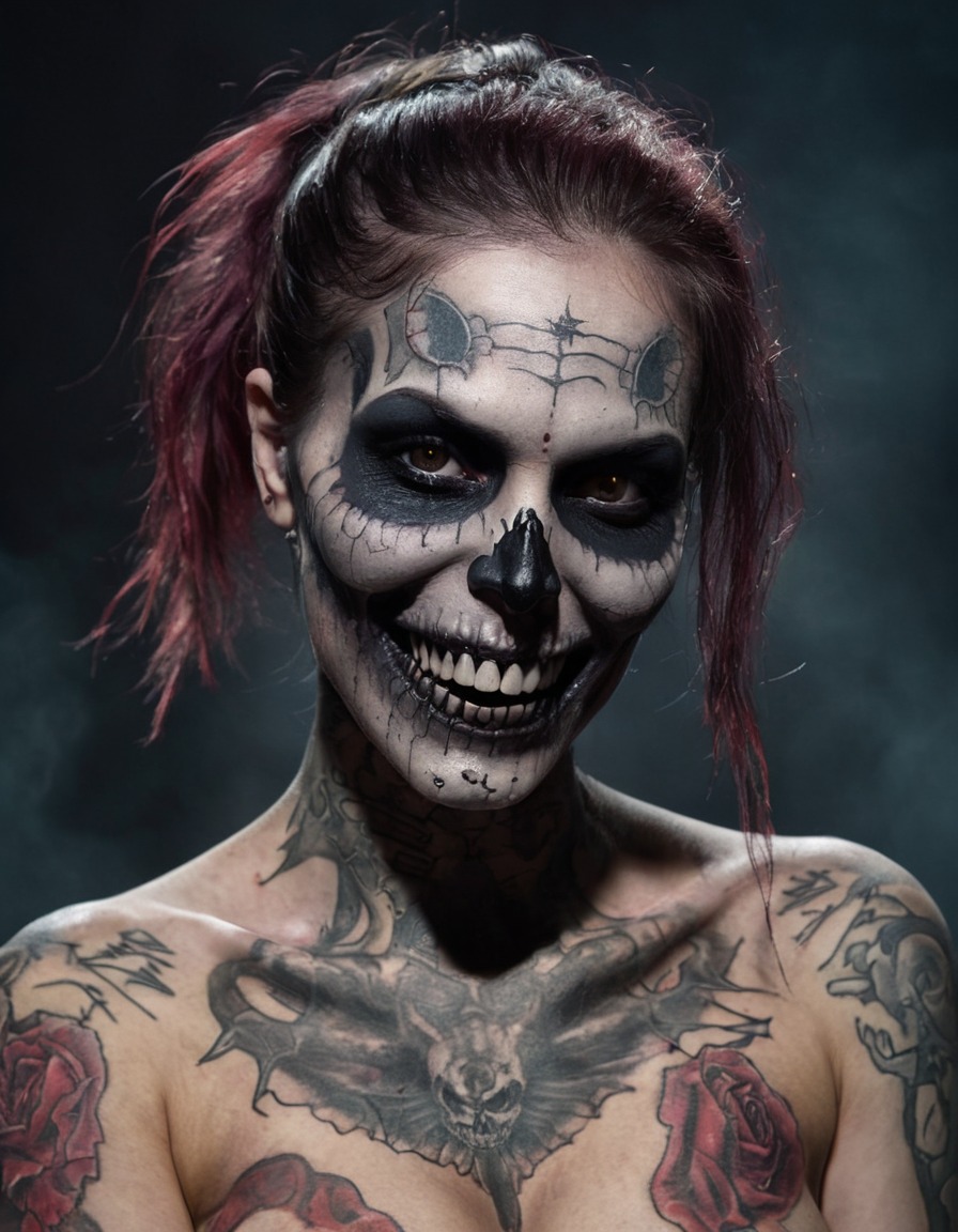 zombie, skull tattoo, sensual, wicked smile, horror, undead, nsfw