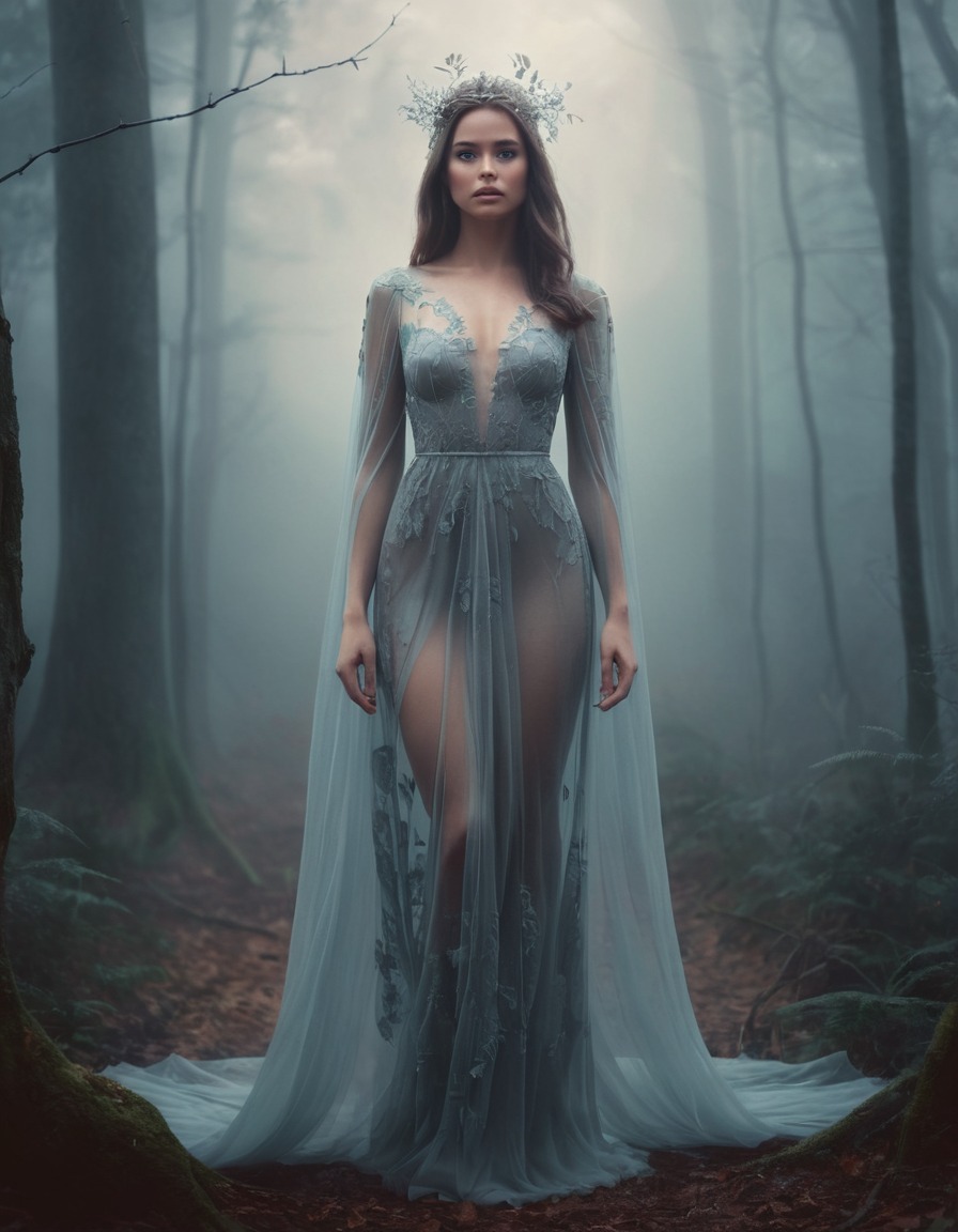 mystical, woman, sheer gown, forest, enchanting eyes