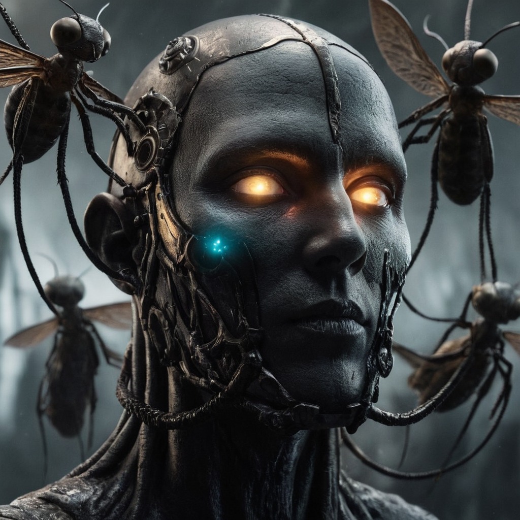 digitalart, chain, connected, crack, dalle3, dystopian, eerie, fantasy, futuristic, humanoid, insect, liquid, modern, object, potrait, robotic, aiart