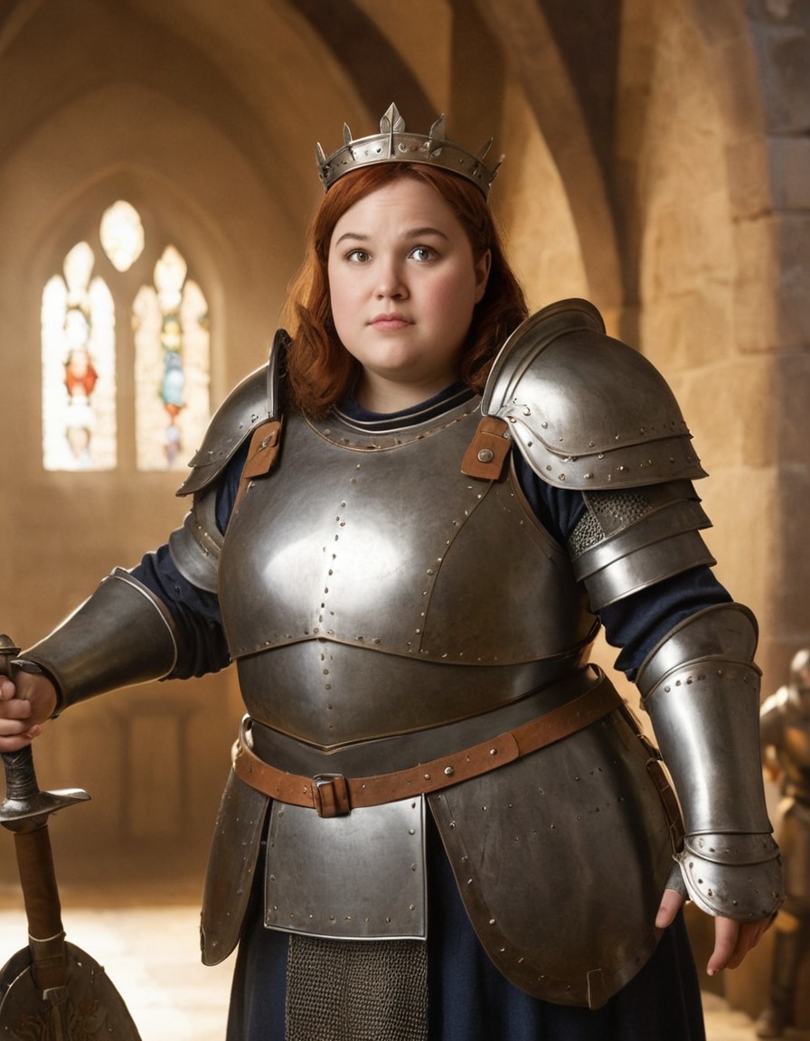 humor, joan of arc, armor, oversized, medieval, historical figure, fat