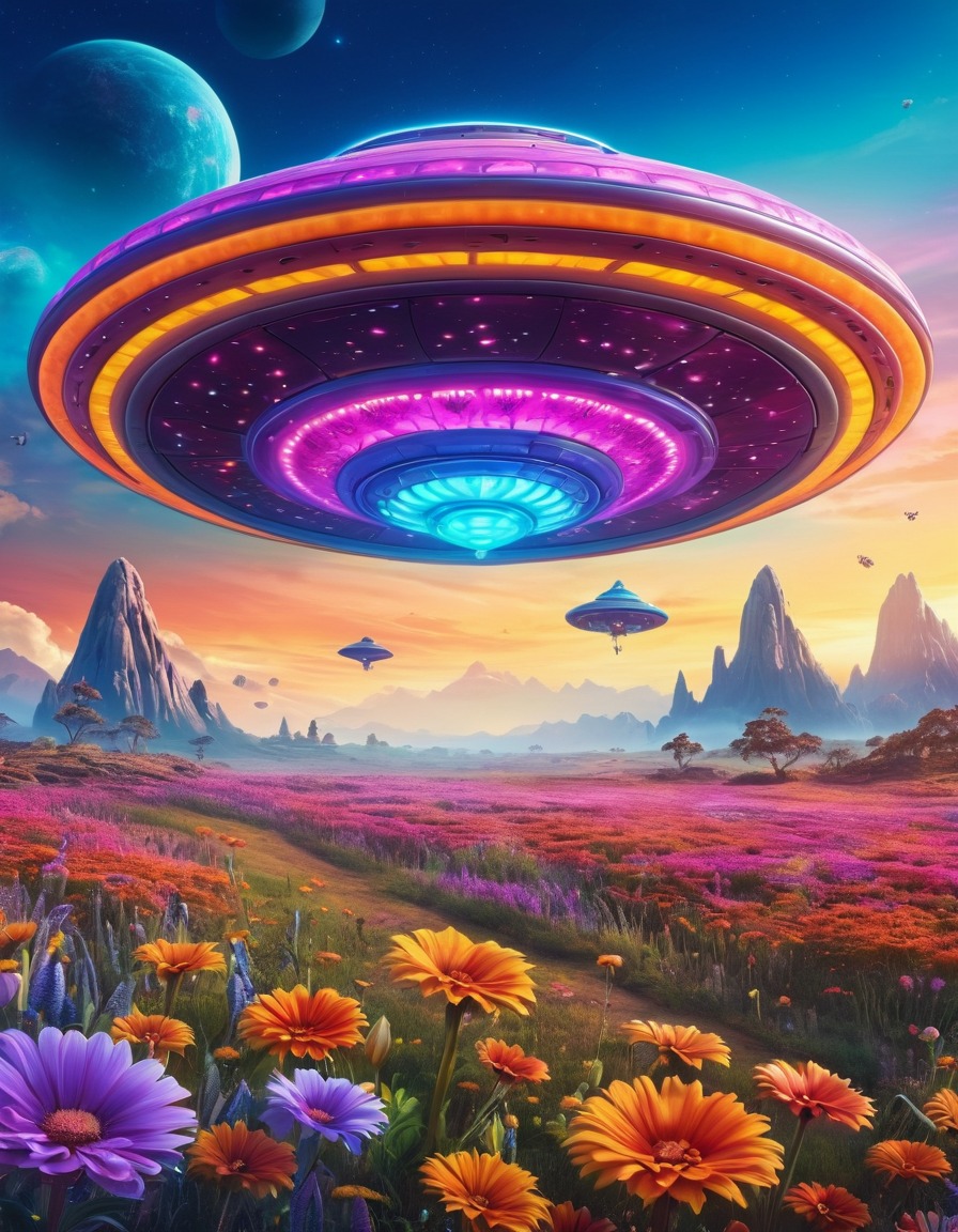 flying saucer, alien flowers, native creatures, science fiction, surreal landscape, extraterrestrial, aliens