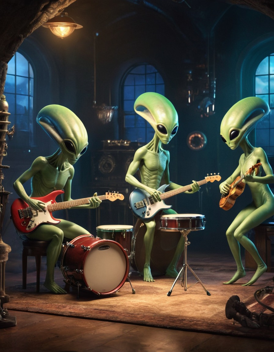 alien, musicians, instruments, science fiction, surreal, outer space, extraterrestrial, aliens