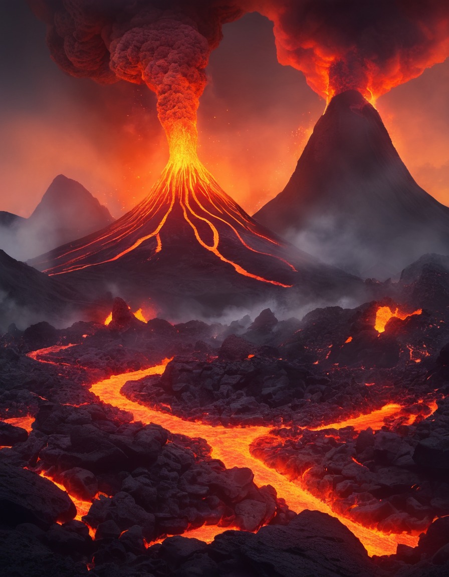 volcano, fire-breathing, salamanders, lava fairies, molten rock, fantastic