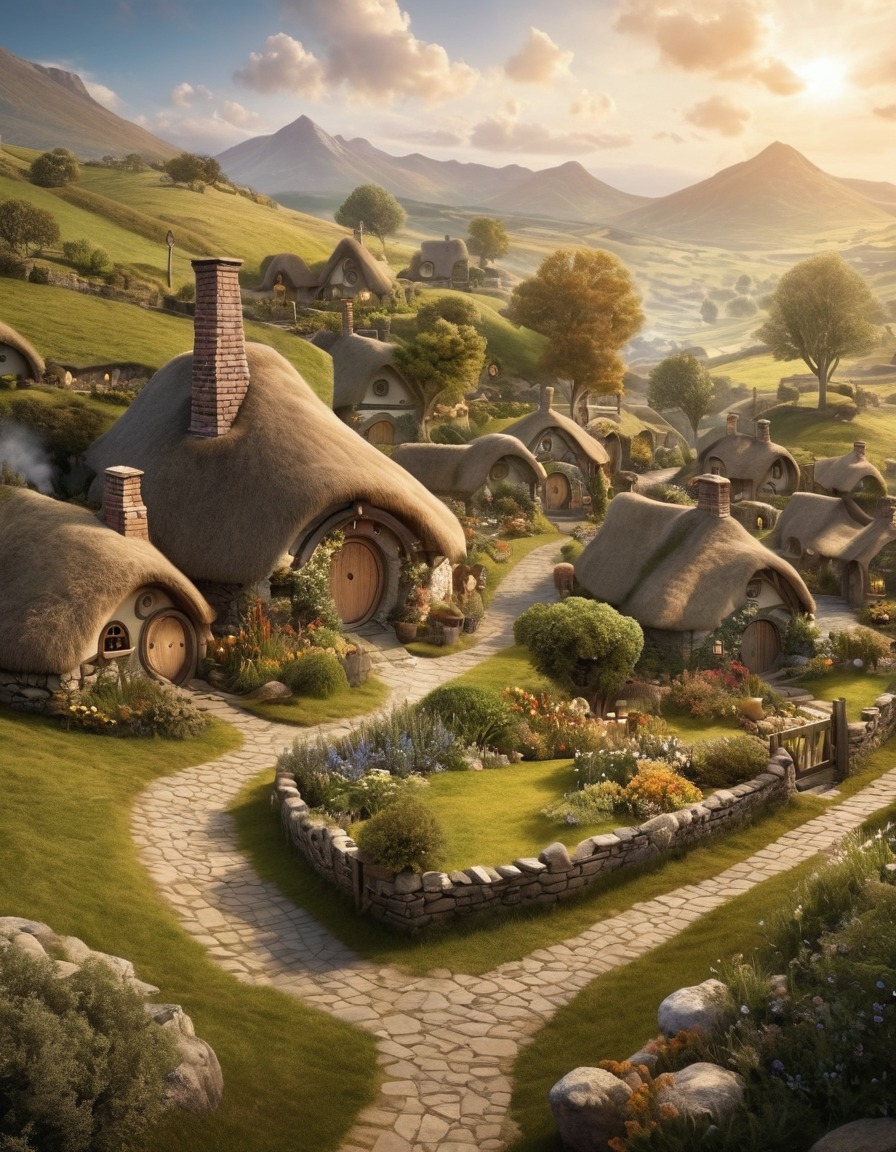 hobbit holes, shire, village life, cozy, peaceful, john tolkien, tolkien