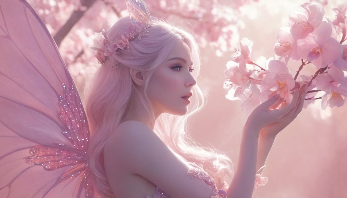 beautifulwoman, beauty, blonde, character, cherryblossom, fairy, fantasy, flowers, pink, pixie, supernatural, wings