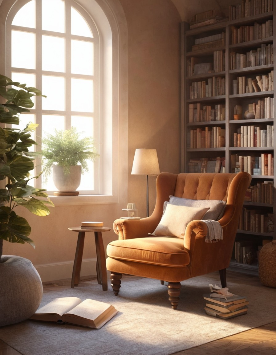 cozy, reading nook, armchair, books, home, interior