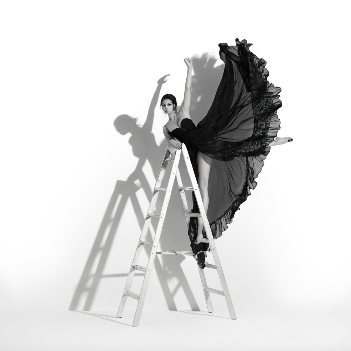 ballet, blackandwhite, dancer, dress, ladder