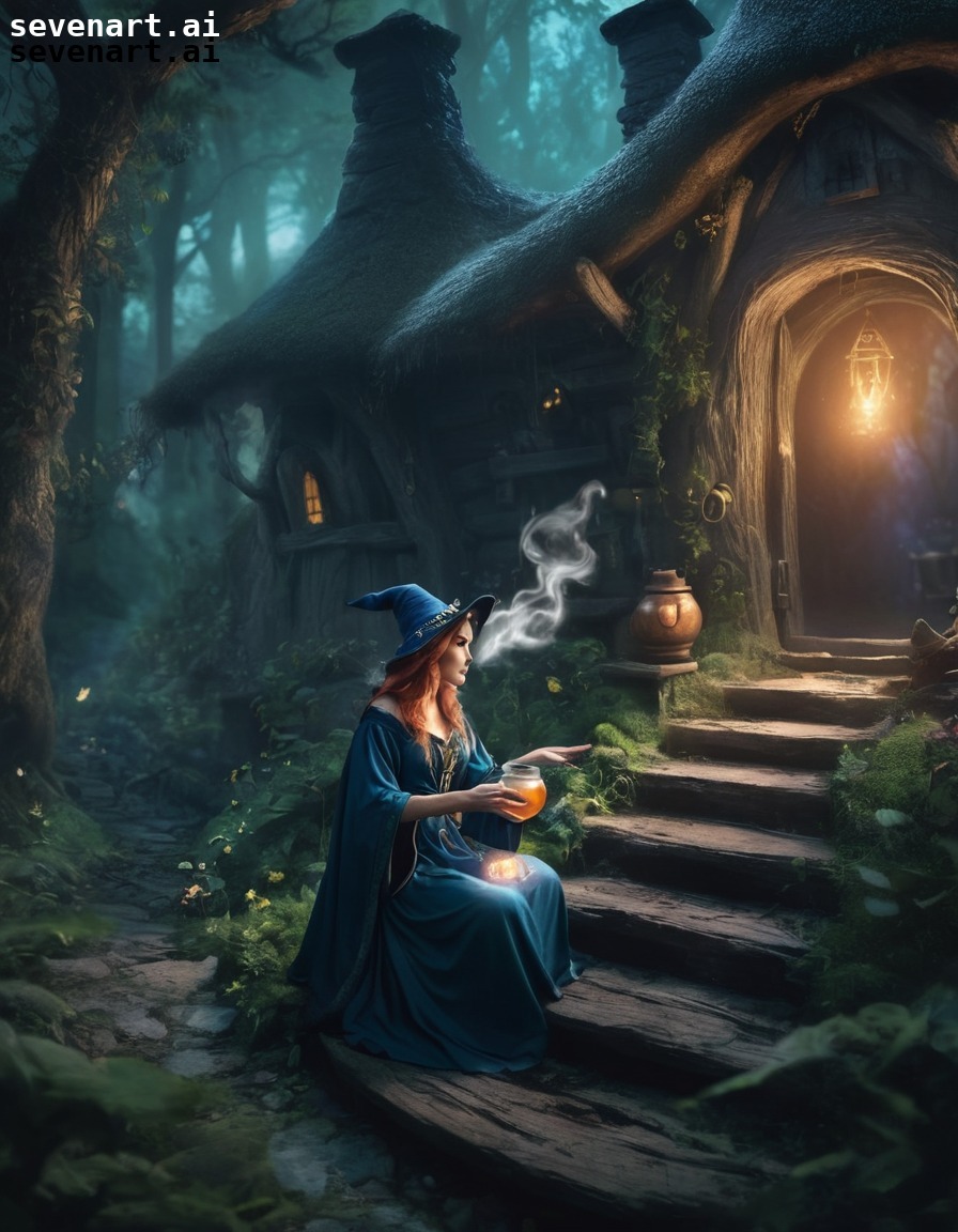 sorceress, potion, brewing, enchanted cottage, woods, fantasy