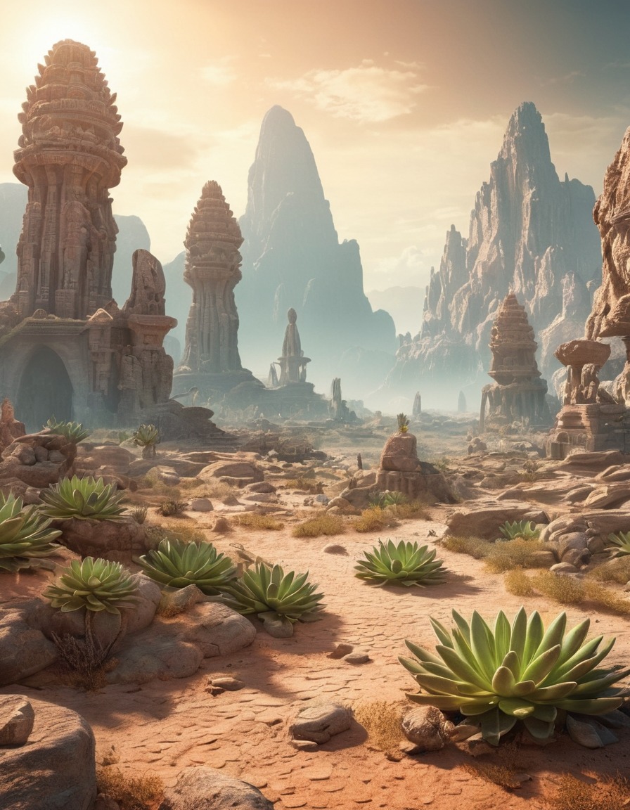 alien landscape, ancient ruins, mysterious, bizarre plants, extraterrestrial, aliens