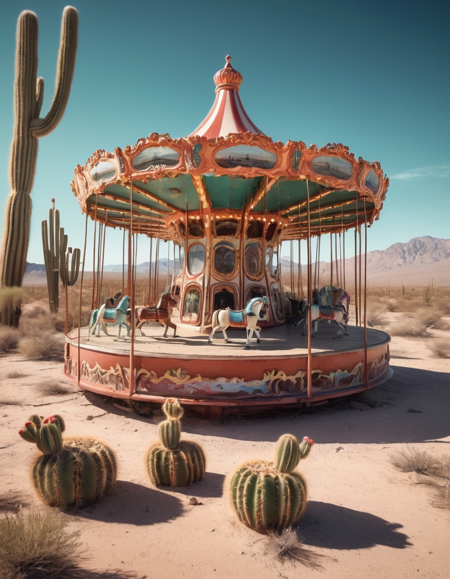 abandoned, carousel, desert, cacti, wasteland, surreal