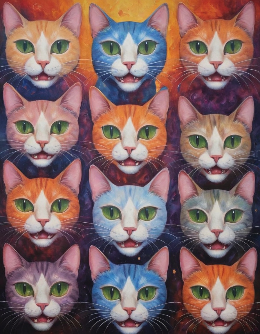 cat, multiple heads, emotions, whimsical, surreal