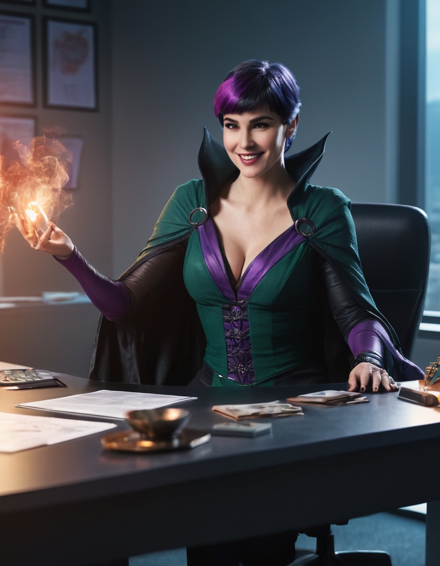 modern office, morrigan, witch, spellcasting, sly smile, games, girls from games