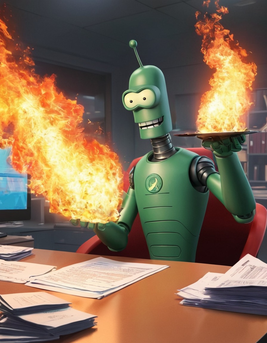 futurama, bender, planet express, office, fire, paperwork, robots, games, movies