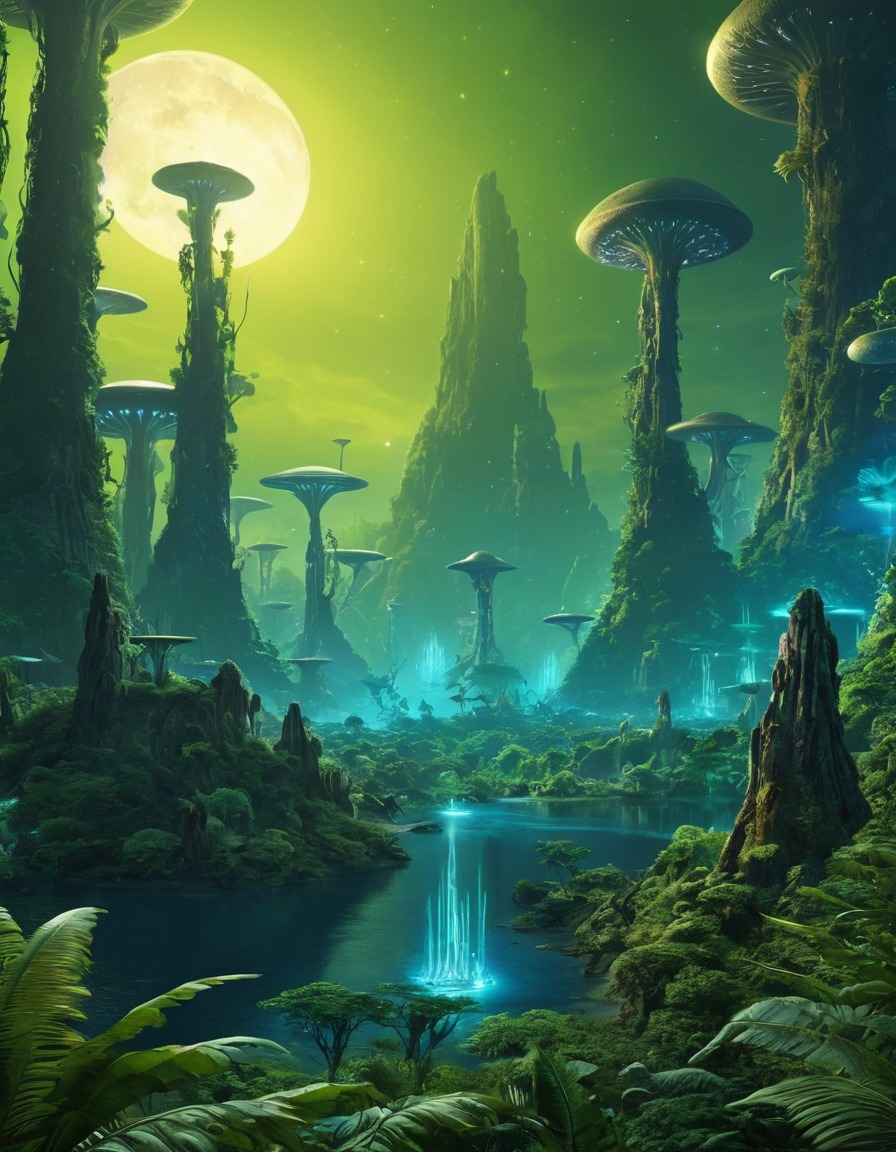 alien civilization, harmony, bioluminescent forest, extraterrestrial beings, extraterrestrial, aliens