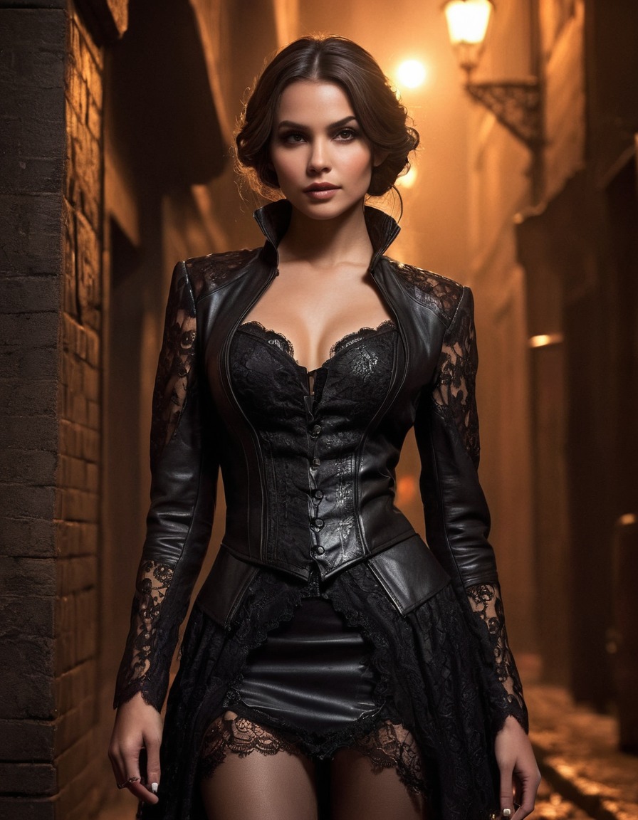 dark alley, mysterious woman, leather, lace, woman