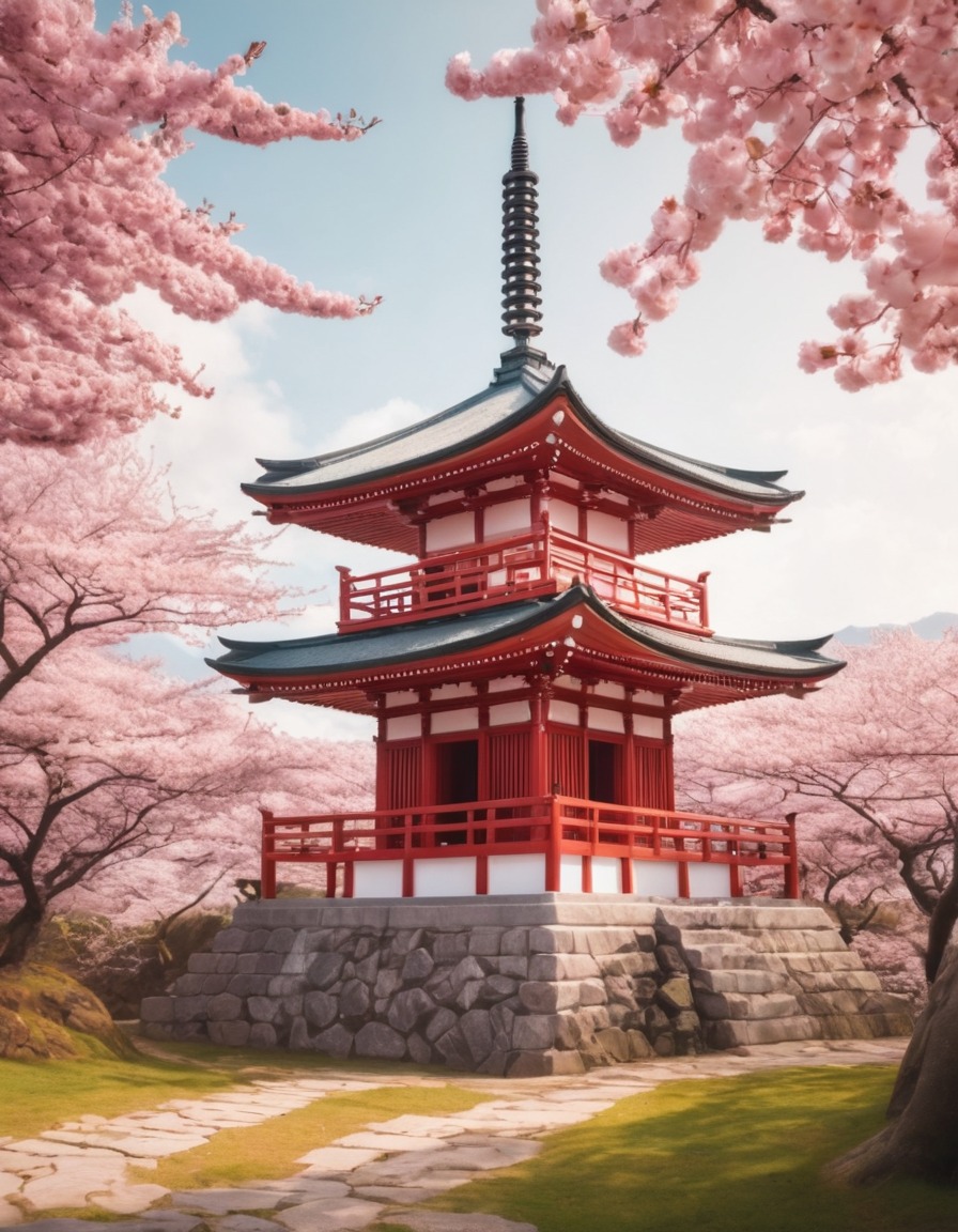 japanese culture, pagoda, cherry blossoms, traditional architecture, spring landscape