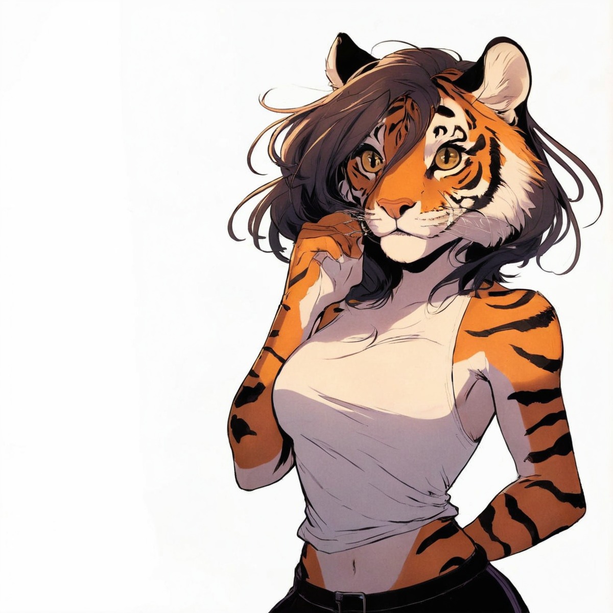 characterdesign, tiger, digitalart, cartoon, portrait, feline, adoptable, adopt, background, exclusive, fantasy, furry, furryanthro, furryfemale, originalcharacter, tanktop, tigeranthro, tigergirl, tigress, wallpaper, furrycharacter, aiart, adoptablesopen