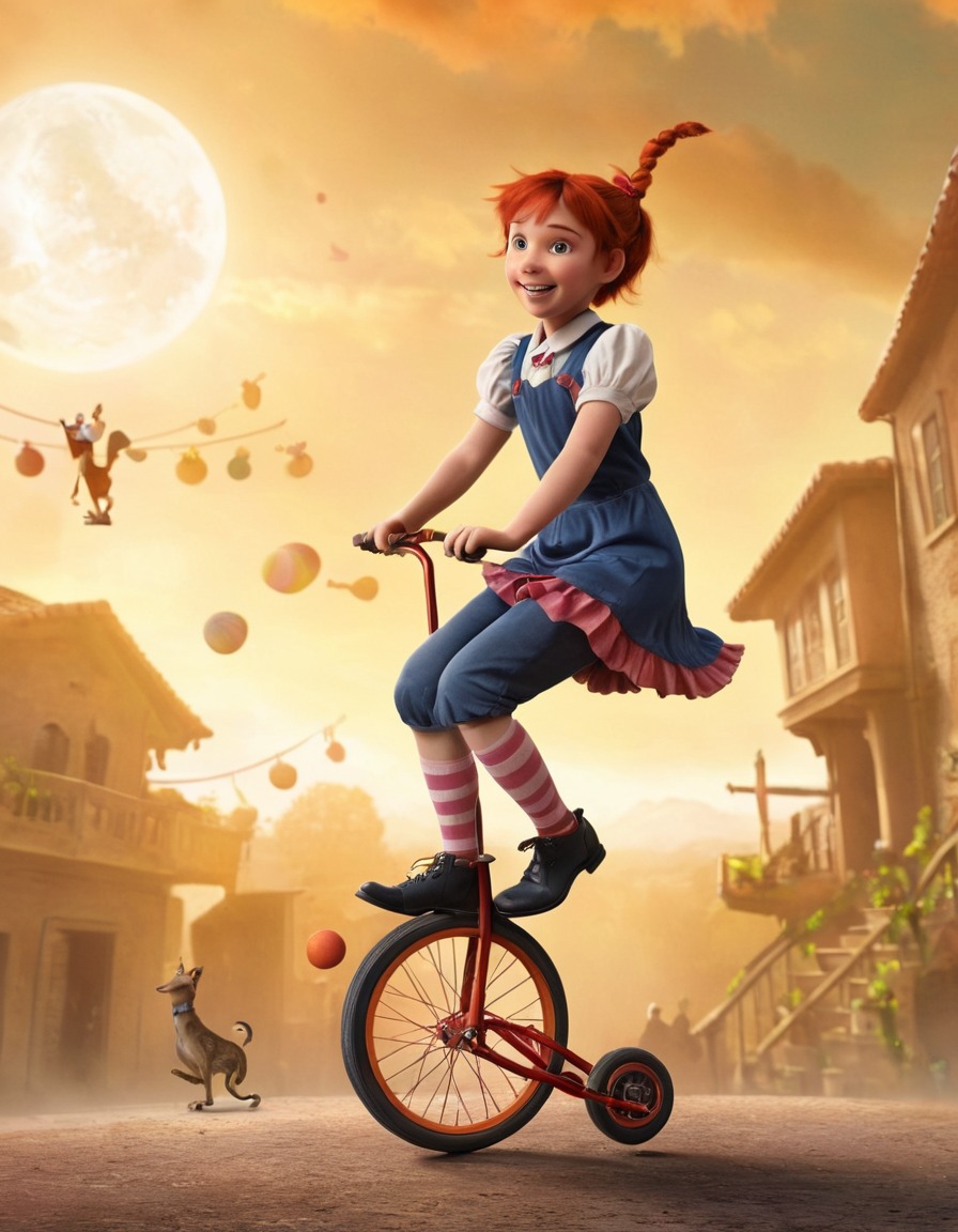 pippi longstocking, unicycle, juggling, fun, adventure, books