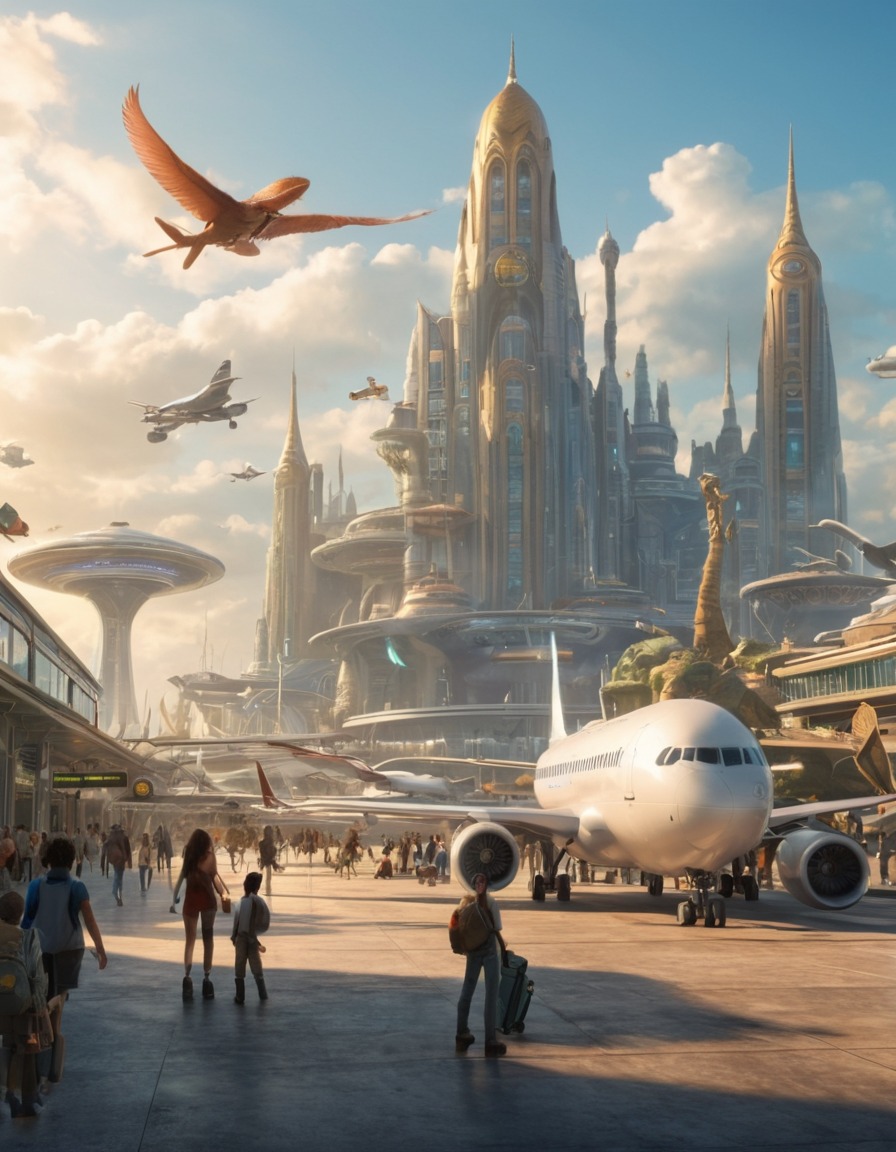 airport, fantasy, magical creatures, fictional city, enchanted beings, metropolis, magic