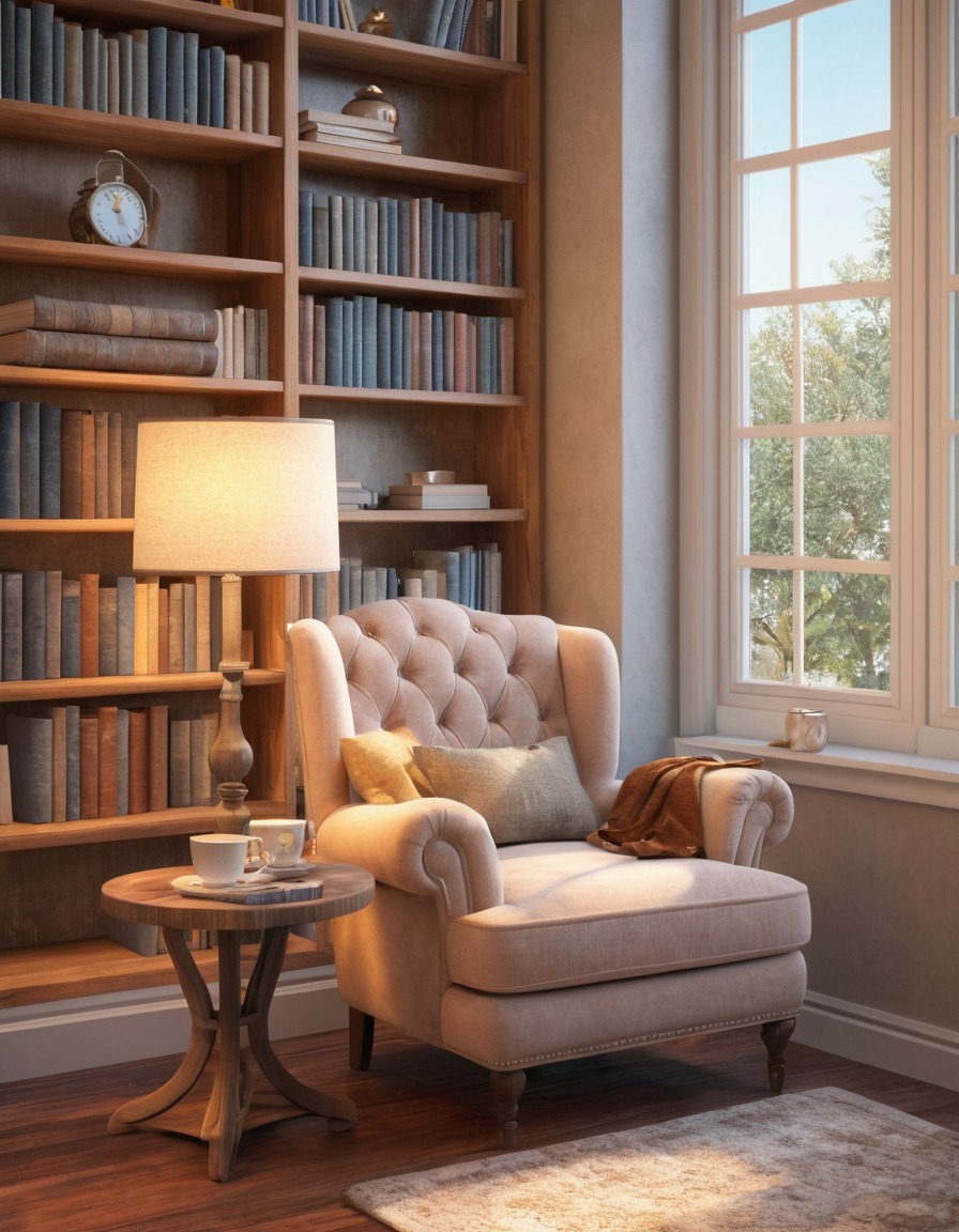 cozy, reading nook, armchair, bookshelf, tea, home décor, relaxation, home, interior