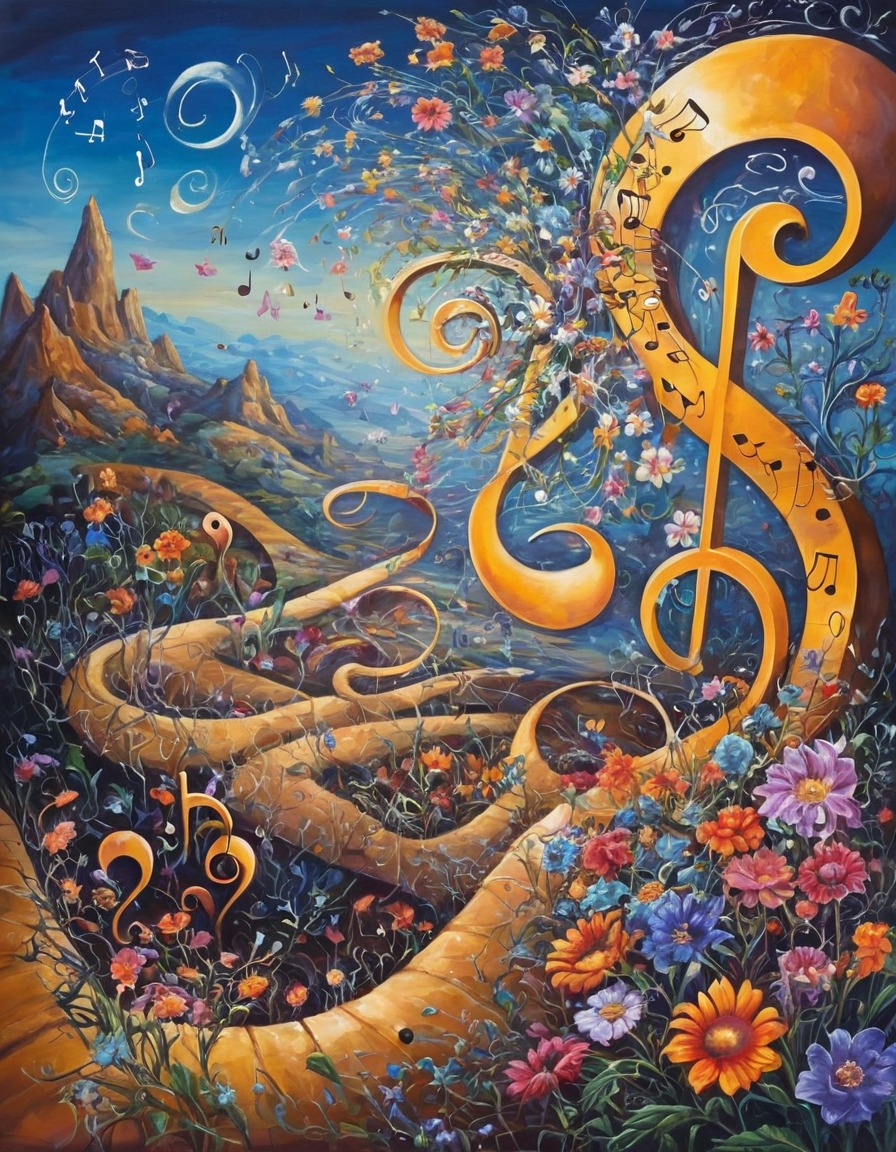 surreal, landscape, flowers, musical notes, nature, art