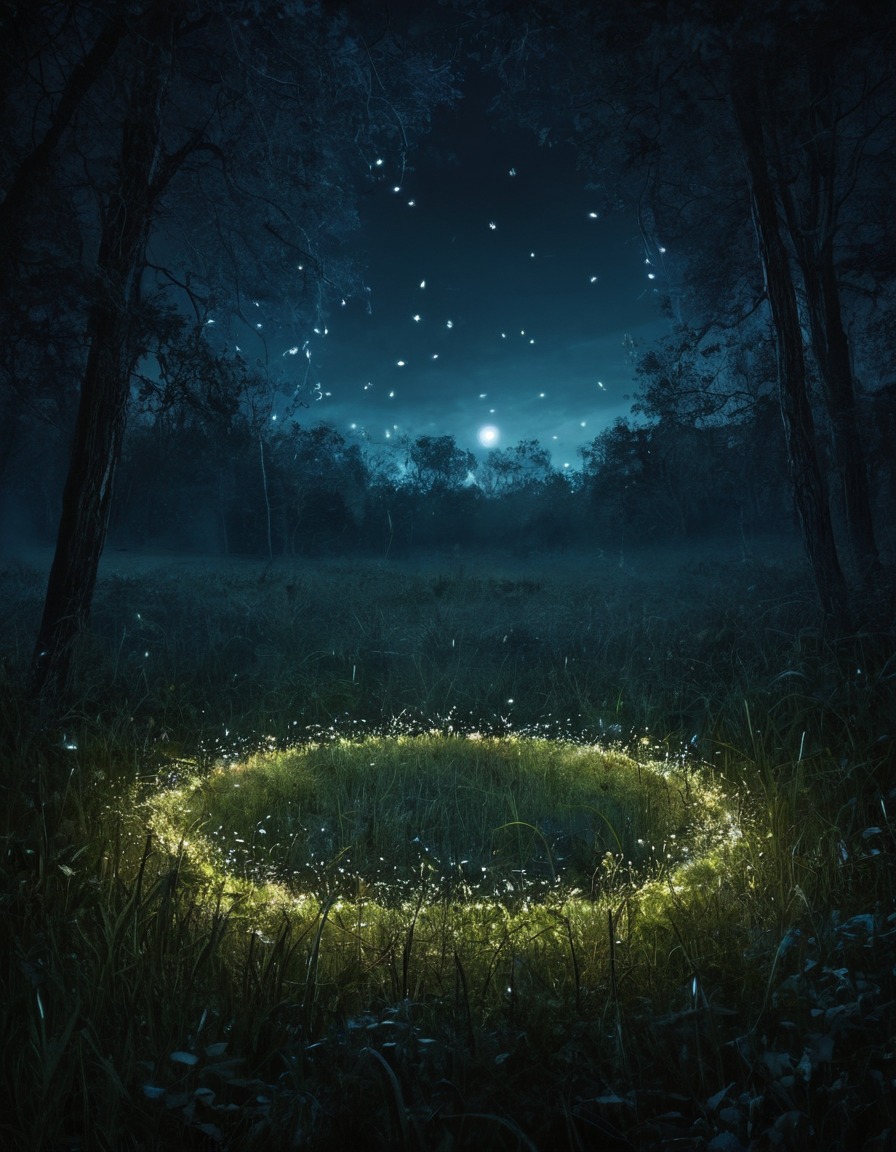 fireflies, glowing, moonlight, meadow, circle, magical, enchantment