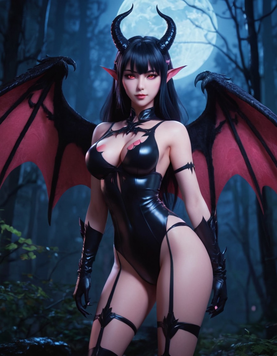 succubus, dark wings, sharp claws, moonlit forest, fantasy, mythical creature