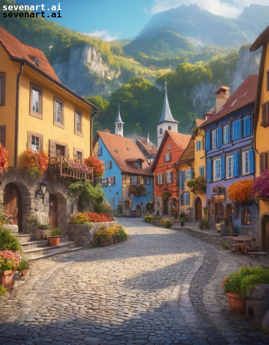 mountain village, european, colorful houses, cobblestone square, scenic landscape, europe