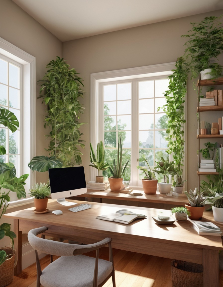 home office, large desk, potted plants, natural light, home, interior