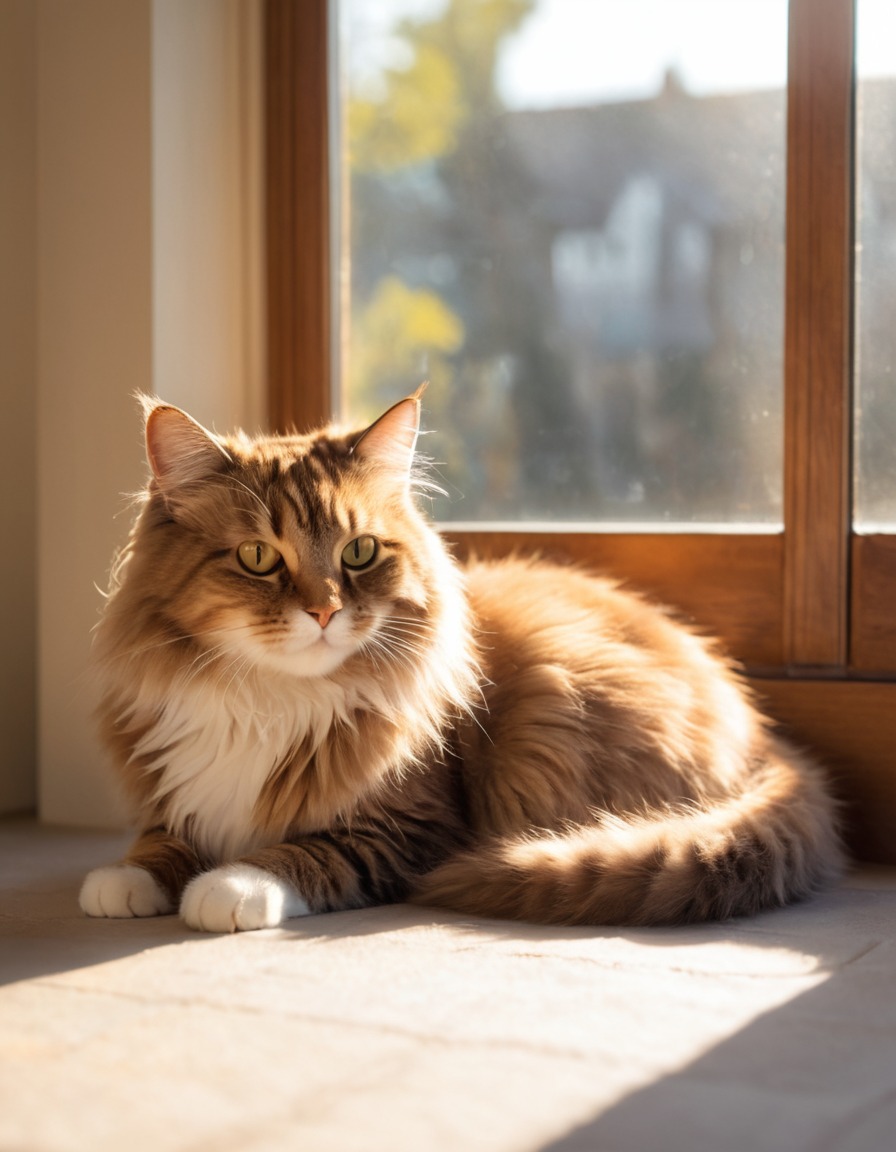 cat, sunlit, fluffy, cozy, window, home, interior