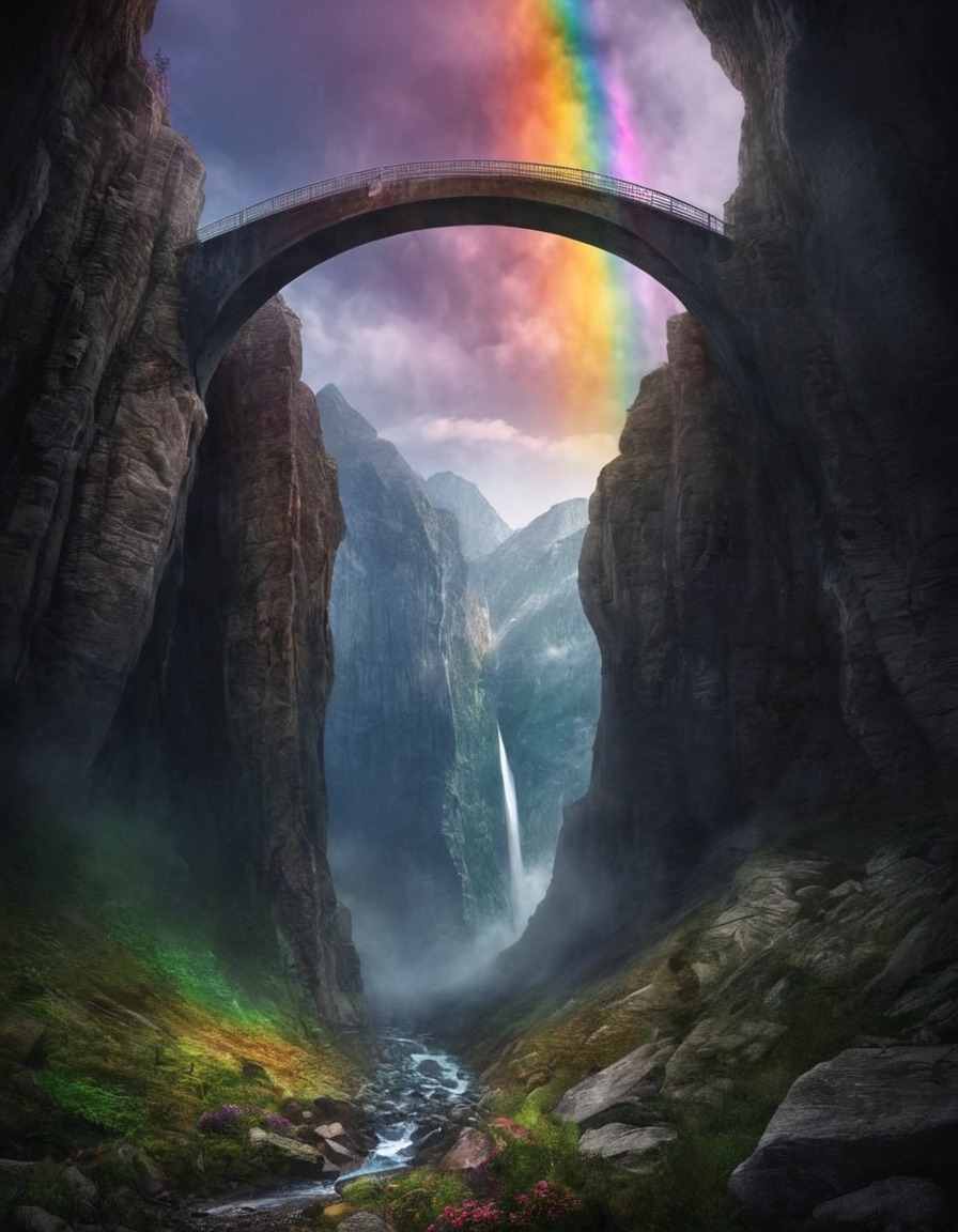 mystical, rainbow, bridge, mountains, nature, magic