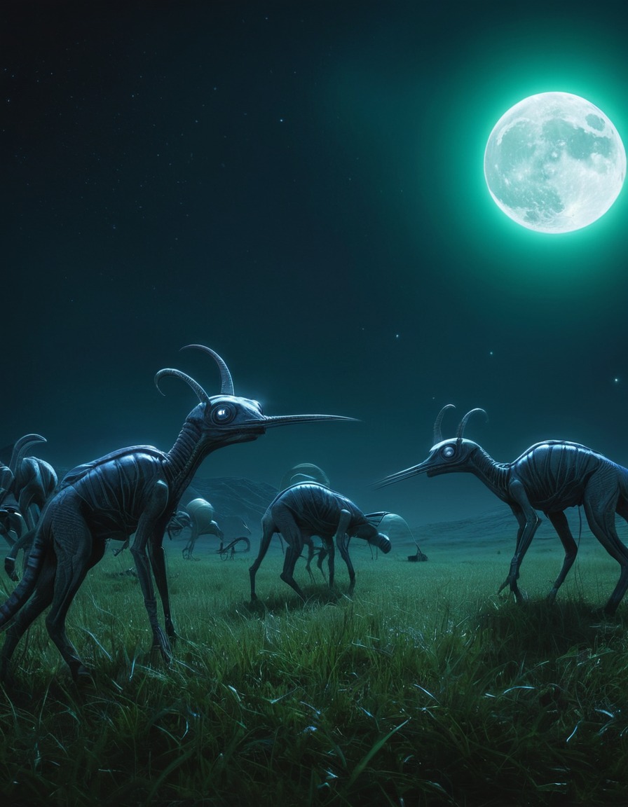 alien, creatures, moonlit, grazing, glowing grass, extraterrestrial, aliens