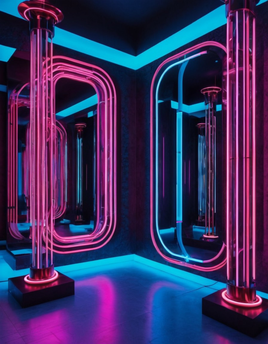 futuristic, art installation, neon lights, mirrors