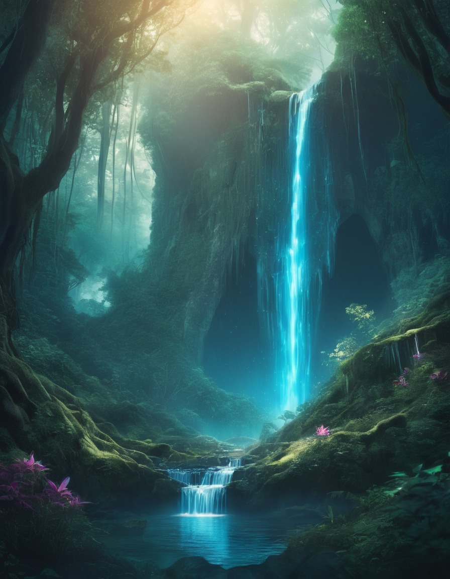 enchanted, mystical, waterfall, forest, serene, nature