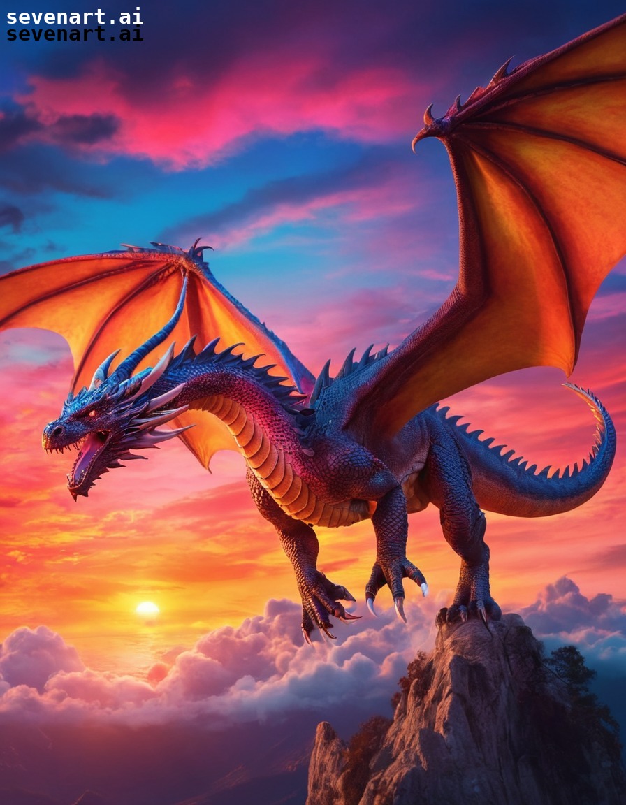 fantasy, dragon, sky, sunset, majestic