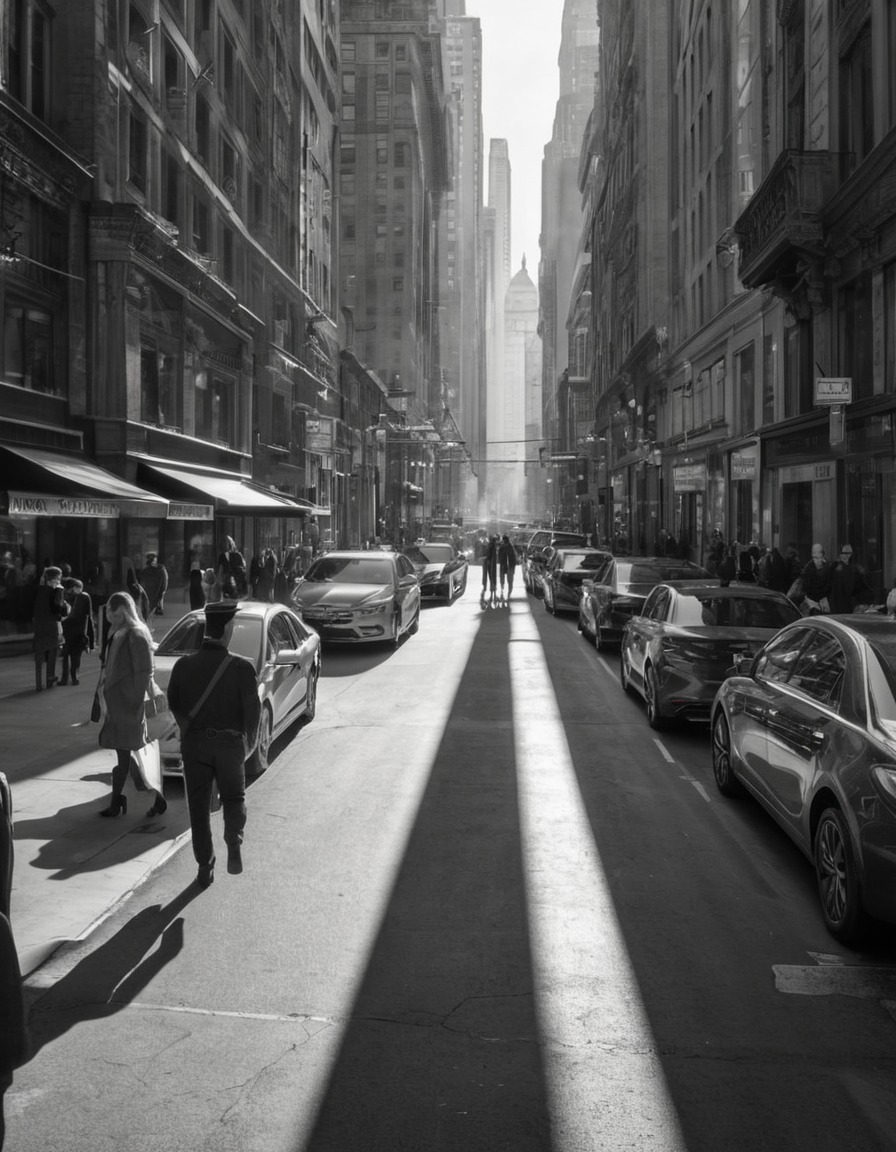 city, street, black and white, contrast, light, shadows