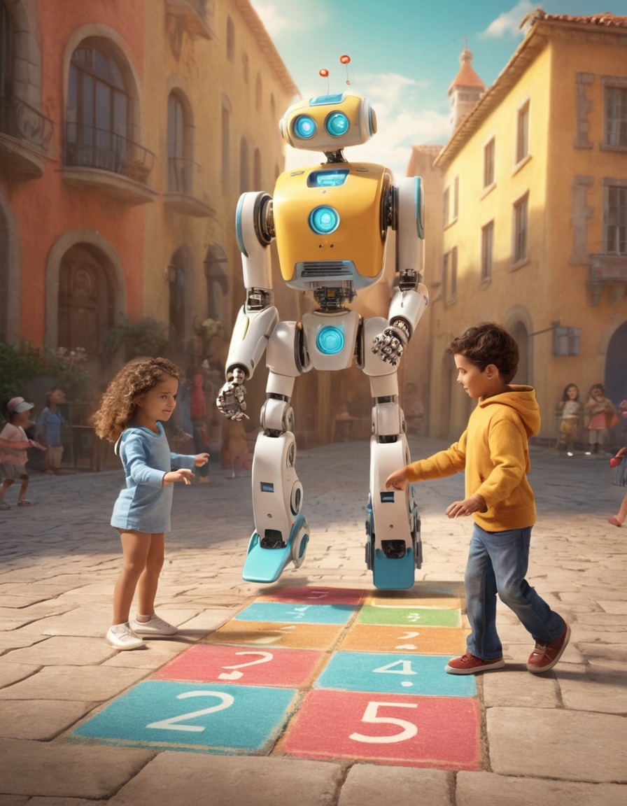 robot, children, hopscotch, playtime, interactive, technology, playful