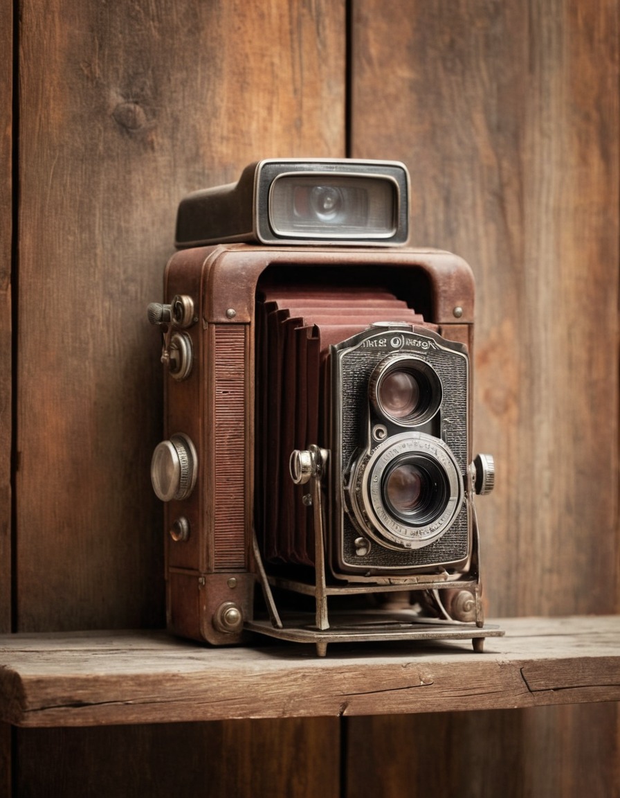 retro, film camera, weathered, wooden shelf